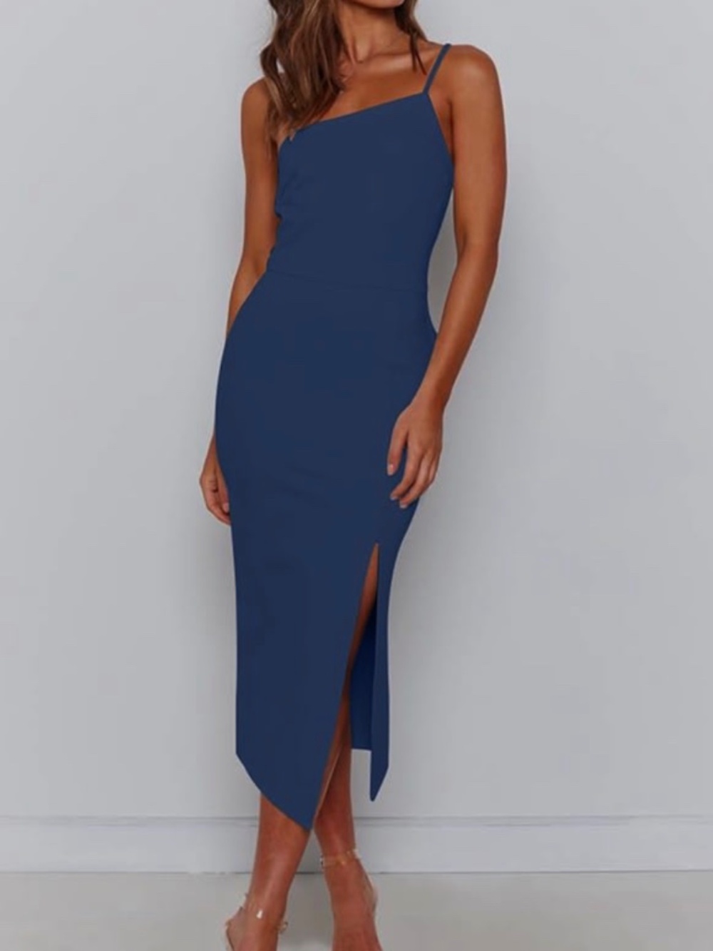 NWT Owin Women’s Spaghetti Straps Split Hem Ruched Bodycon Party Dress Size S